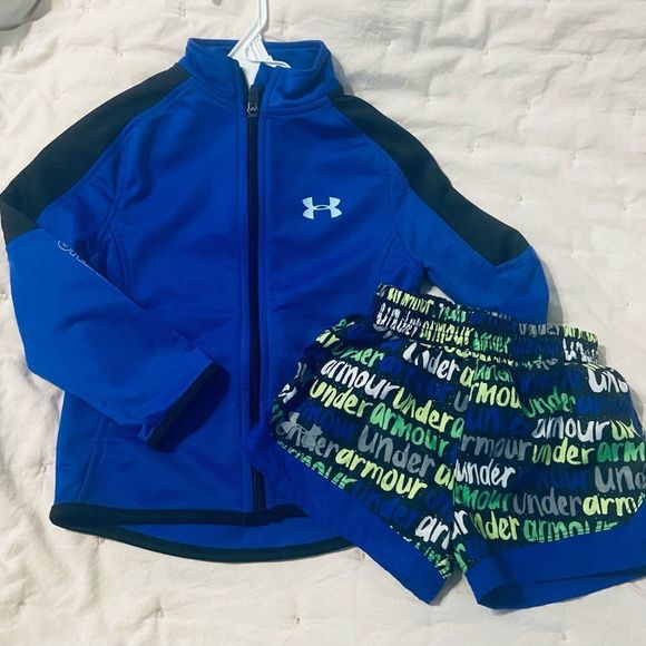 Kids Under Armour UA jacket logo shorts full zip easy pull in fall set BTS - Picture 2 of 5